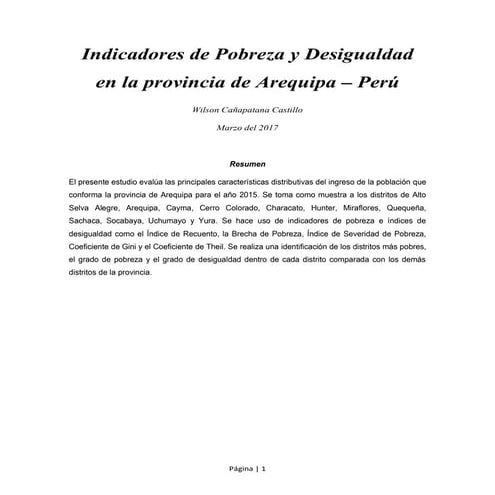 Indicadores de pobreza y desigualdad en la provincia de arequipa perú | PDF