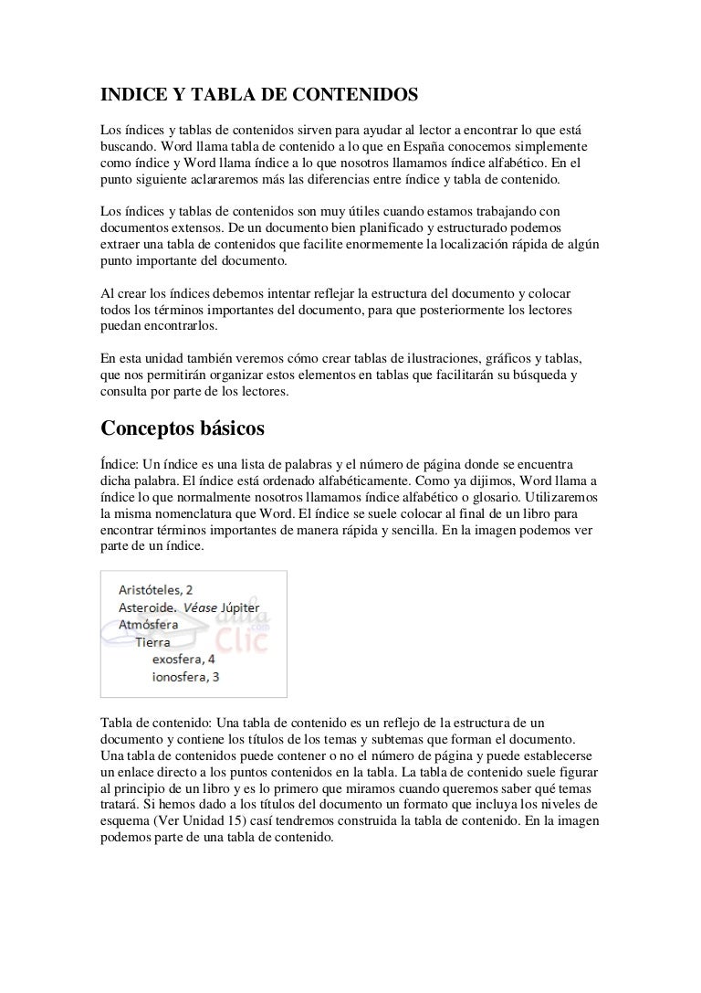 Indice y tabla de contenidos