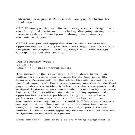 Individual Assignment 2 Research, Analysis & Outline for Final Pa