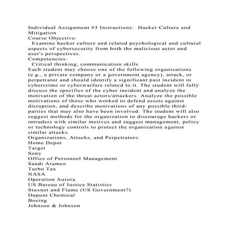 Individual Assignment #3 Instructions  Hacker Culture and Mitigatio.docx
