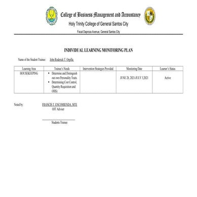 Individual Monitoring Plan housekeeping week 2.docx