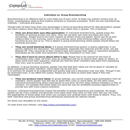 Individual brainstorming vs. Group brainstorming - Which is better for genera...