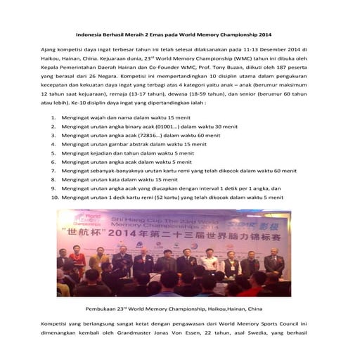 Indonesia berhasil meraih 2 emas pada world memory championship 2014 