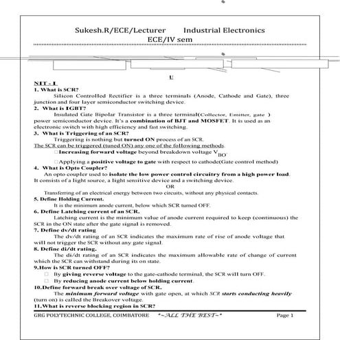 Industrial electronics  1 marks- polytechnic