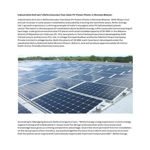 Industrialist anil jain's refex executes two solar pv power plants in ...