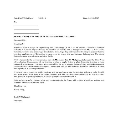 Industrial training letter format