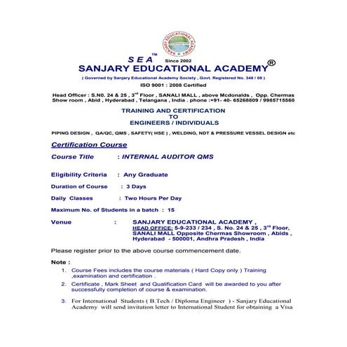 Internal Auditor QMS / OHSAS / EMS Course
