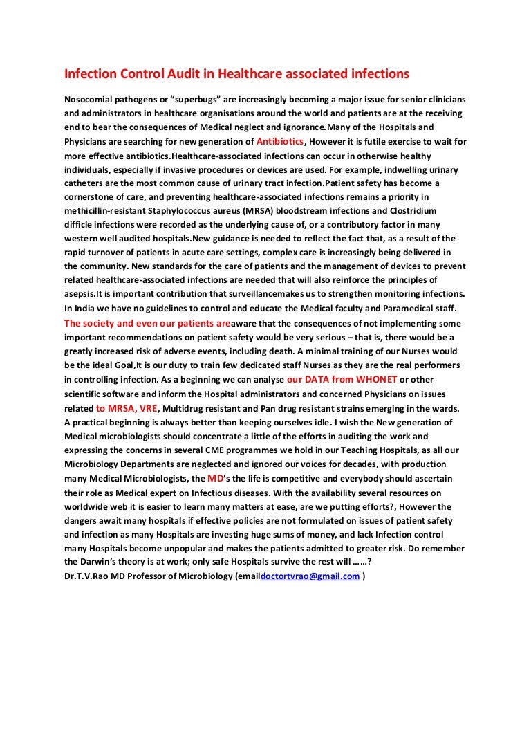 Infection control audit in healthcare associated infections