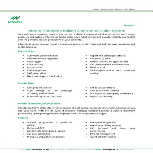 Infeetel contact center dialer data sheet