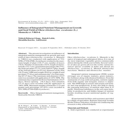 Influence of inm on growth and seed yield on okra