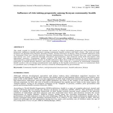 Influence of risk taking propensity among kenyan community health ...