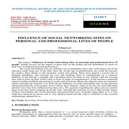 INFLUENCE OF SOCIAL NETWORKING SITES ON PERSONAL AND PROFESSIONAL LIVES OF PE...