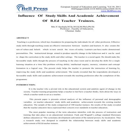 Influence   of   study skills and academic  achievement