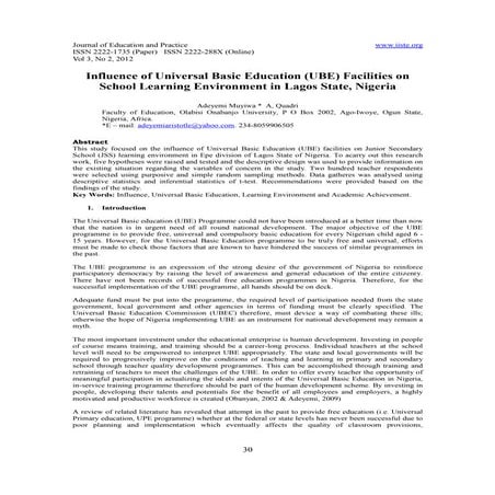 Influence of universal basic education (ube) facilities on school learning en...