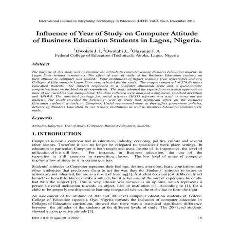 Influence of year of study on computer attitude of business education student...