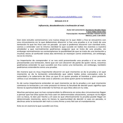 11.- Génesis 3.1-5 Influencia, desobediencia o inclinación al mal