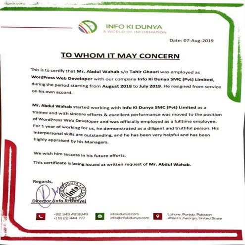 Info ki duniya experience letter