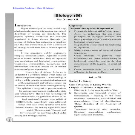 Infomatica Academy - Class - 11 Biology Syllabus