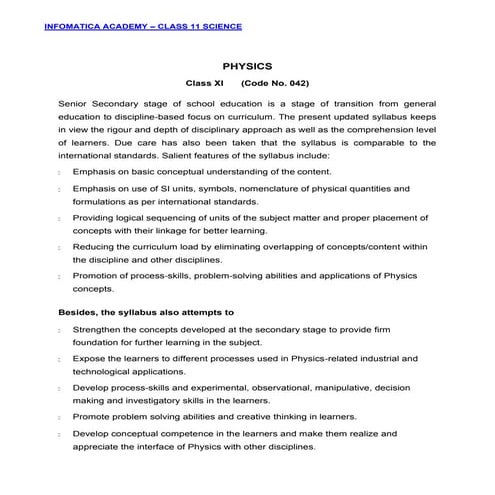 Infomatica Academy - Class 11th Physics  Syllabus