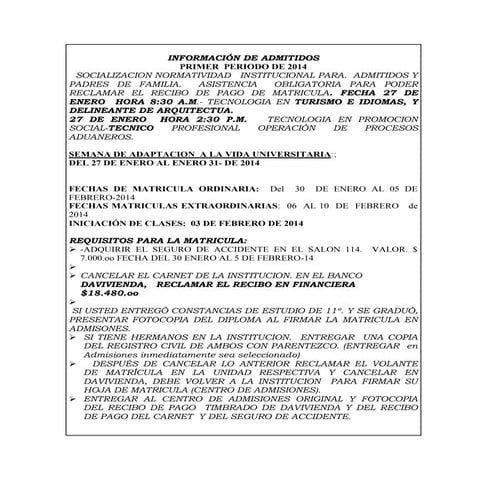 Información de admitidos