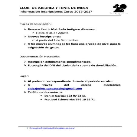 Información extraescolares ajedrez y tenis de mesa inscripciones