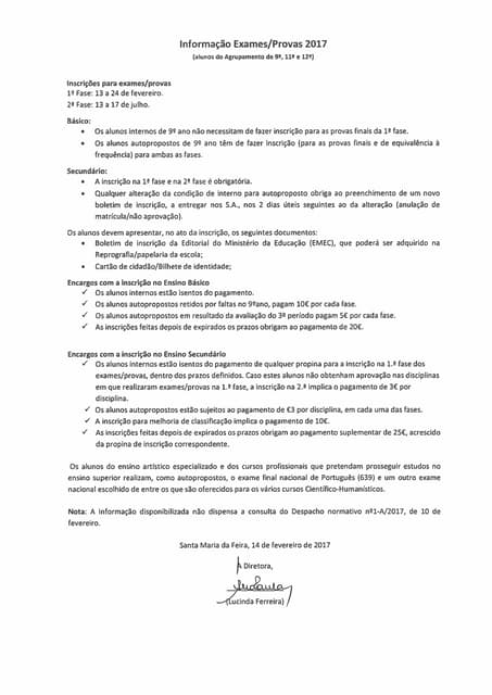 Informação exames provas 2017