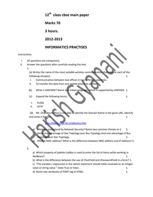 Informatics practises 12th CBSE INDIA 2012-2013 MAIN EXAM paper