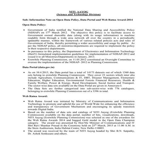 Information Note on Open Data Policy, Data Portal and Web Ratna Award 2014