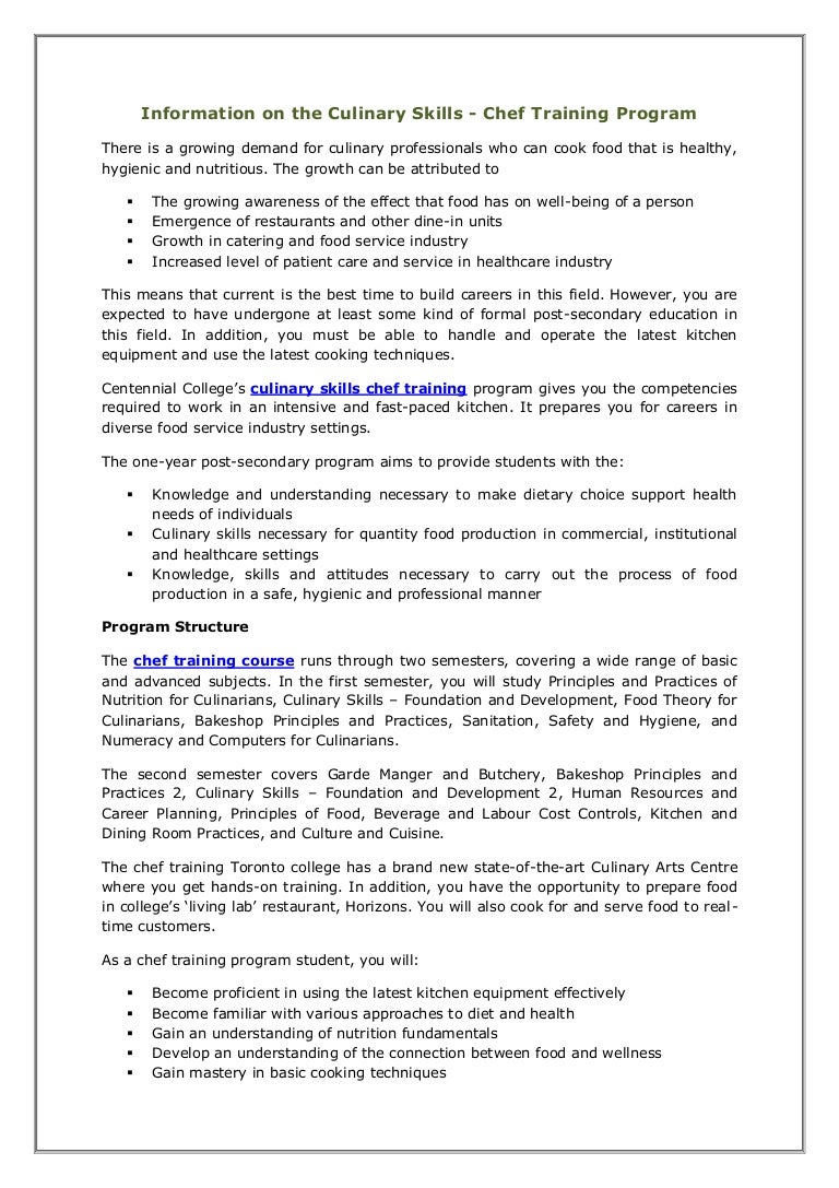 Information On The Culinary Skills Chef Training Program