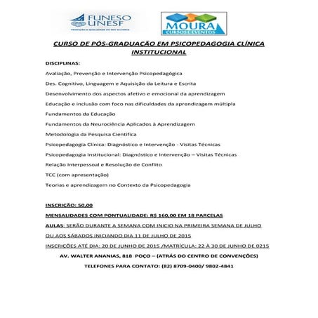 Pós em Psicopedagogia Clinica Institucional