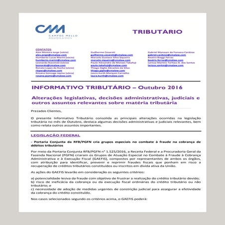 Informativo Tributário Mensal - Outubro 2016