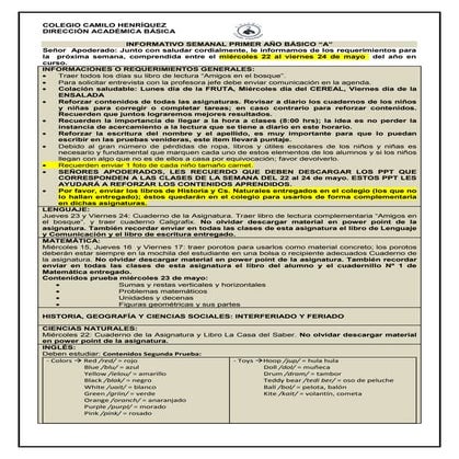 Informativo n° 11  1º básico a- viernes 17 de mayo