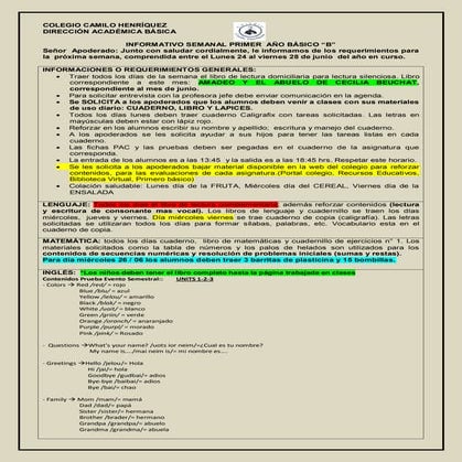 Informativo n° 16  1º básico b- viernes 21 de junio