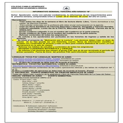 Informativo n° 16  3º básico b- viernes 21 de junio