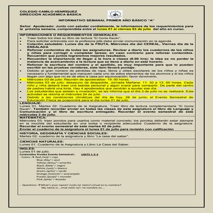 Informativo n° 17  1º básico a- viernes 28 de junio