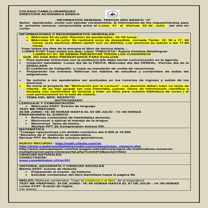 Informativo n° 17  3º básico a- viernes 28 de junio