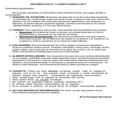 Informativo n° 1 cuarto básico 2017