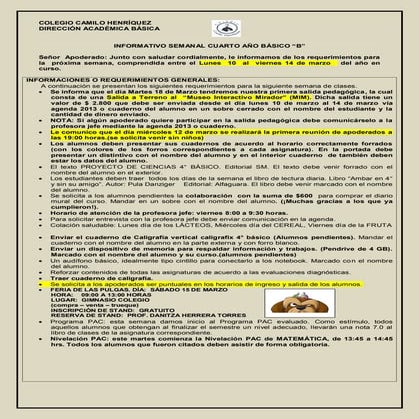 Informativo nº 2  4º basico b- 07 de marzo de 2014