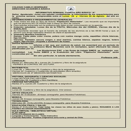 Informativo n° 23  4º básico a- viernes 23 de agosto