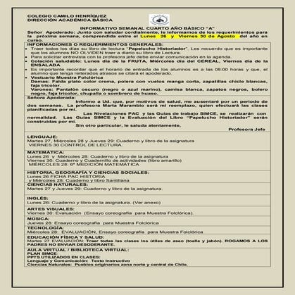 Informativo n° 23  4º básico a- viernes 23 de agosto