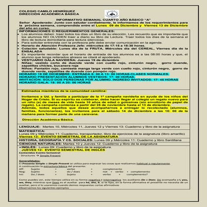 Informativo n° 37  4º básico a- viernes 06 de diciembre