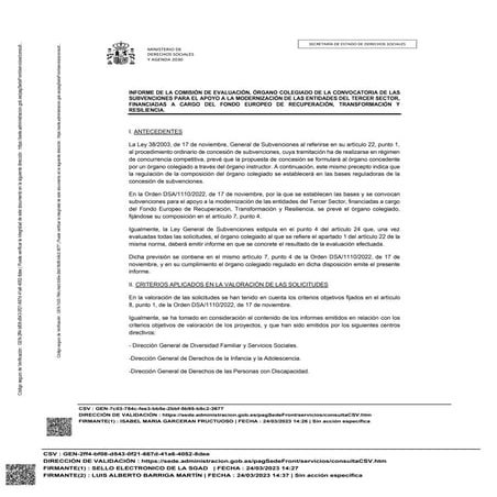 Informe de la comisión de evaluación, órgano colegiado de la convocatoria de las subvenciones para el apoyo a la modernización de las entidades del tercer sector, financiadas a cargo del Fondo Europeo de Recuperación, Transformación y Resiliencia.