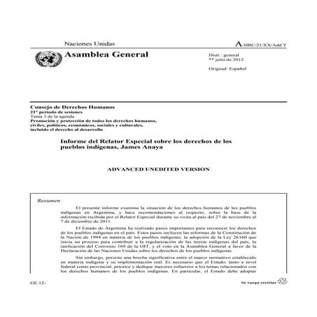 Informe del Relator Especial sobre los derechos de los  pueblos indígenas, Ja...