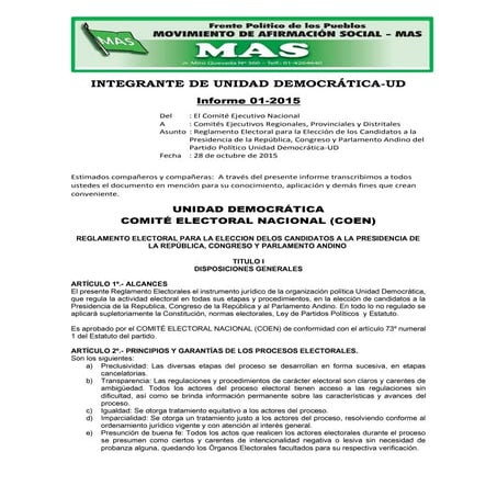 Informe 01CEN DEL MAS - REGLAMENTO ELECTORAL DE UNIDAD DEMOCRÁTICA-UD