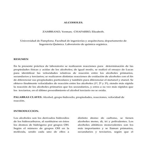 INFORME DE MECANISMO DE REACCIÓN DE LOS ALCOHOLES