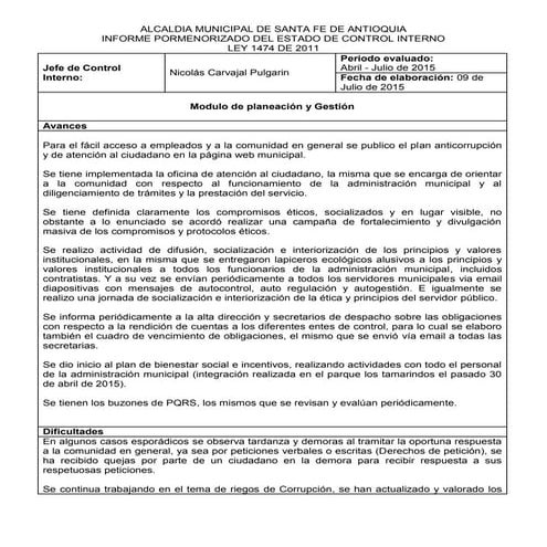 Informe pormenorizado del estado de control interno | DOCX