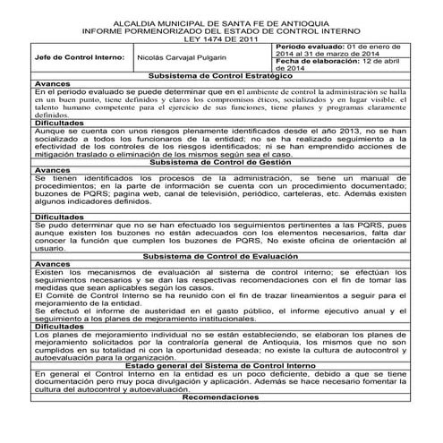 Informe pormenorizado del estado de control interno | DOCX