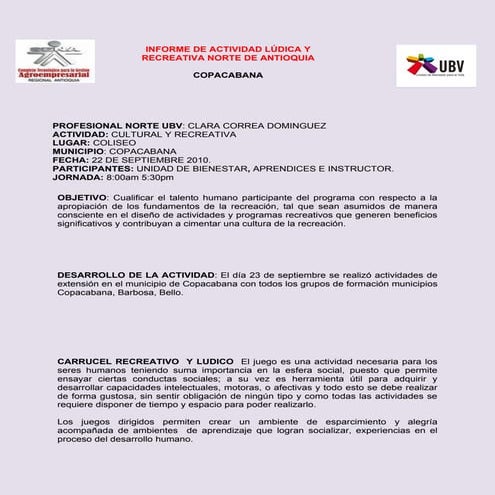 Informe de  actividad cultural y ludica