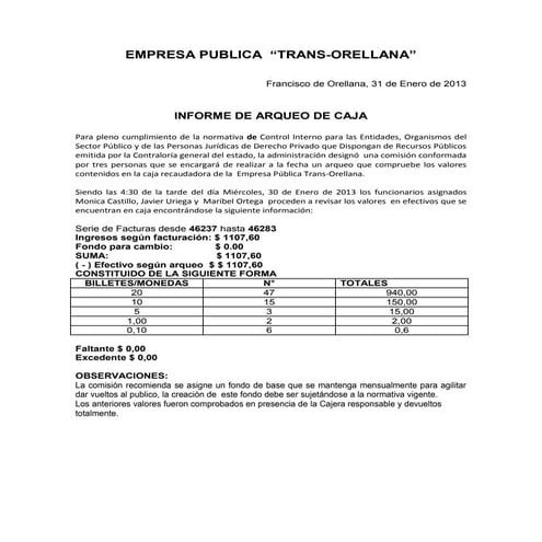 Informe de arqueo de caja