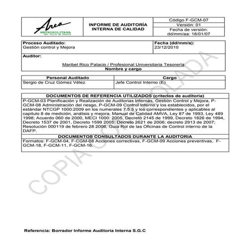 Informe de auditoria control interno | PDF